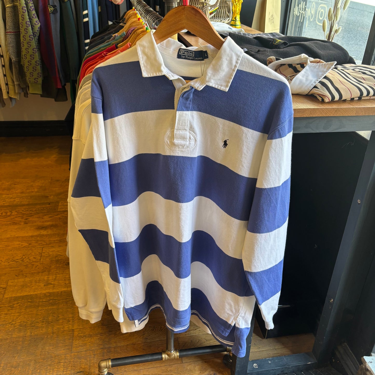 Ralph Lauren Longsleeve Rugby Stripe Polo Shirt White/ Purple (Large)