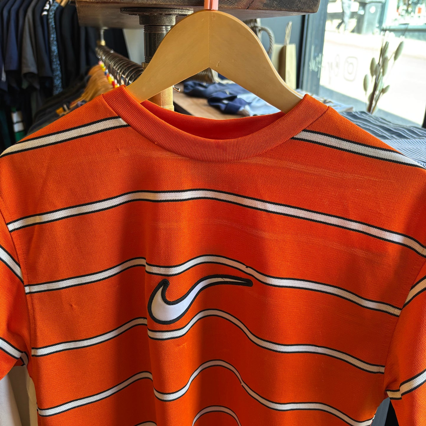Nike 90s Centre Swoosh Striped T-Shirt Orange (Small)