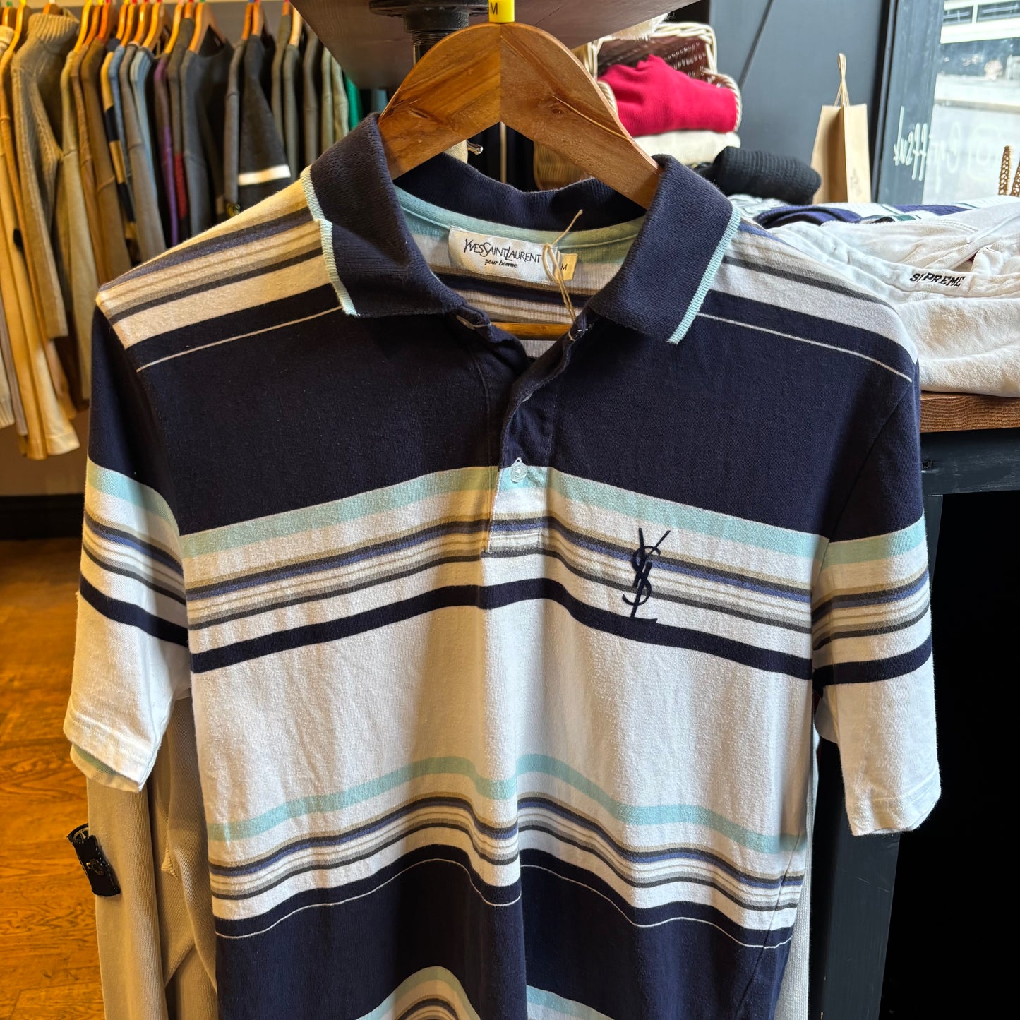 Yves Saint Laurent Stripe Polo Shirt Navy/ White (Medium)