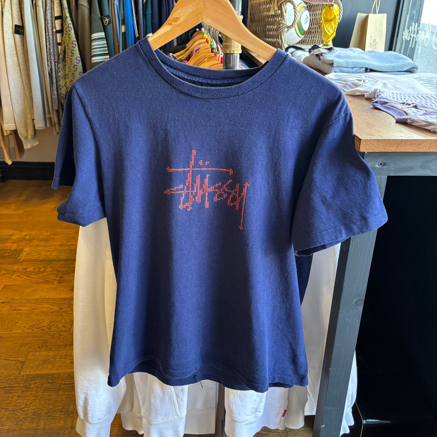Stussy 90s Graphic Spellout T-Shirt Navy (Small)