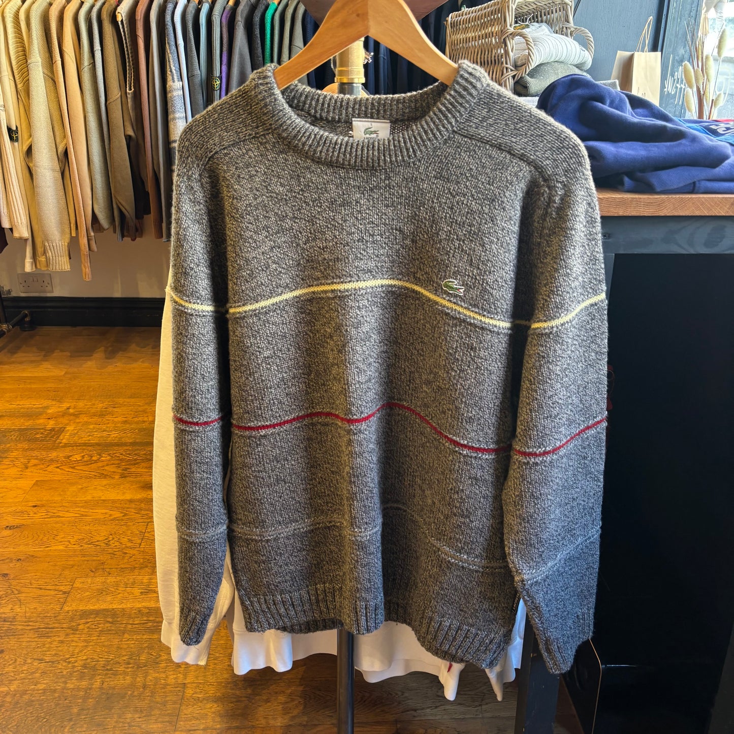 Lacoste Stripe Pullover Knit Jumper Grey (Large)
