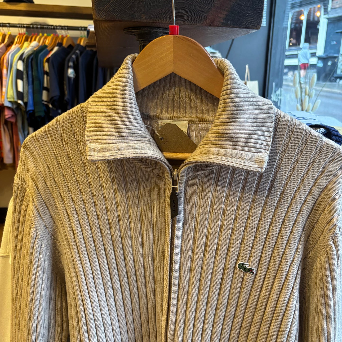 Lacoste Rib Full Zip Knit Jumper Beige (Large)