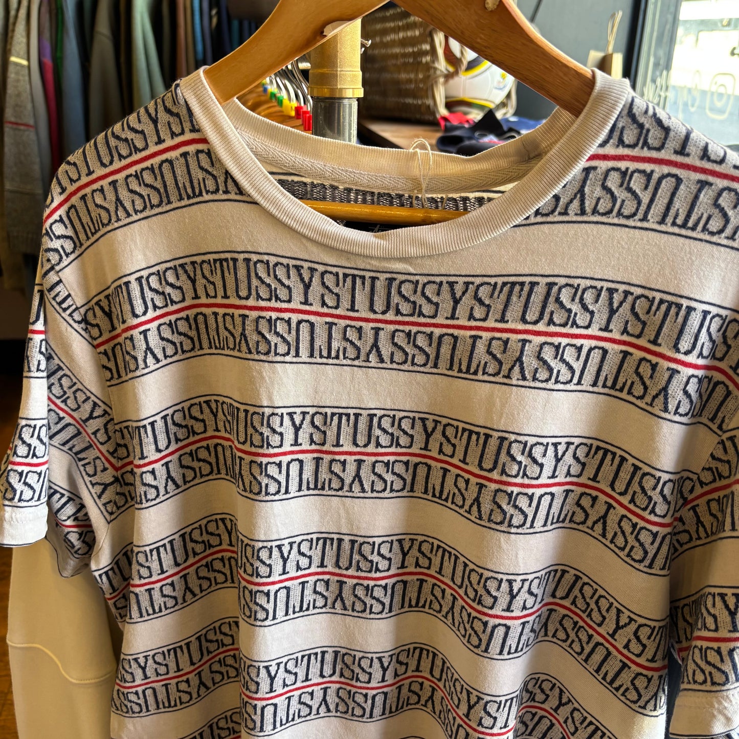 Stussy Stripe Crew Spellout T-Shirt White (Medium)