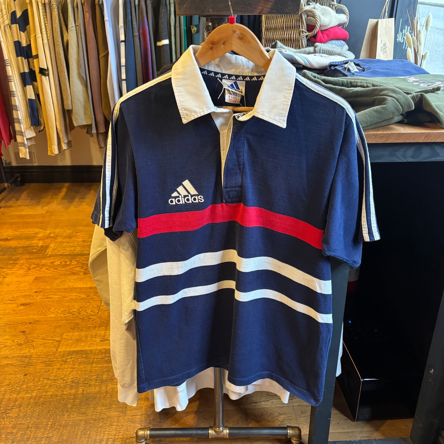 Adidas Striped Rugby Polo Shirt Navy (Large)