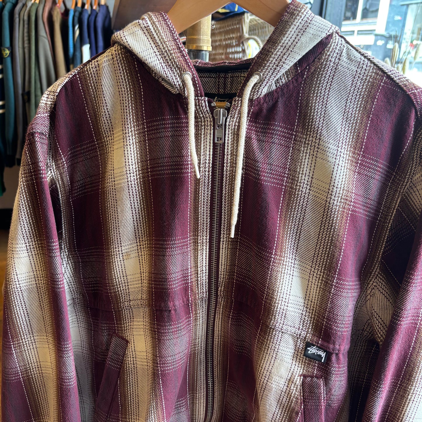 Stussy Shadow Plaid Zip Work Jacket Burgundy (Medium)