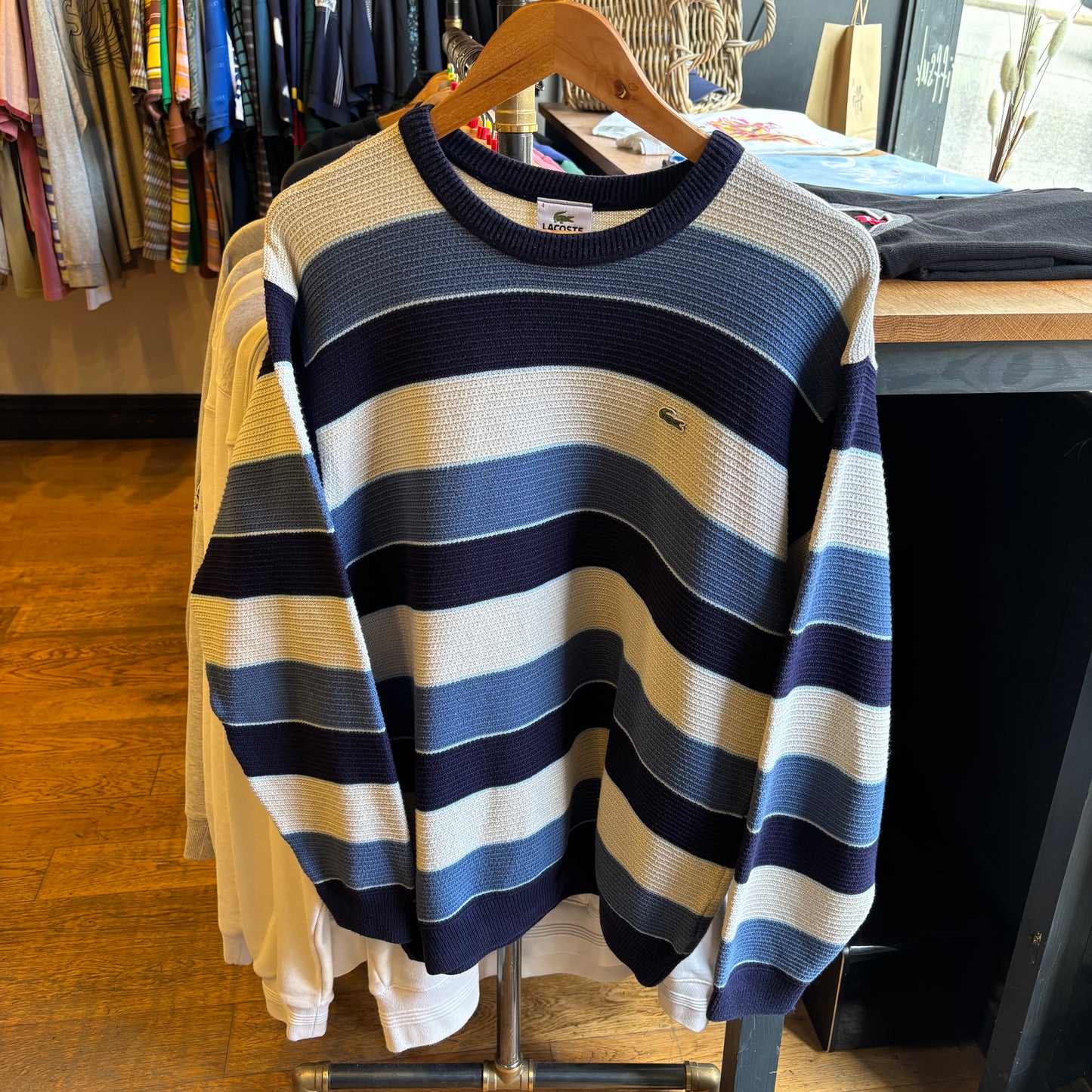 Lacoste Stripe Pullover Knit Jumper Blue/ Cream (Medium)
