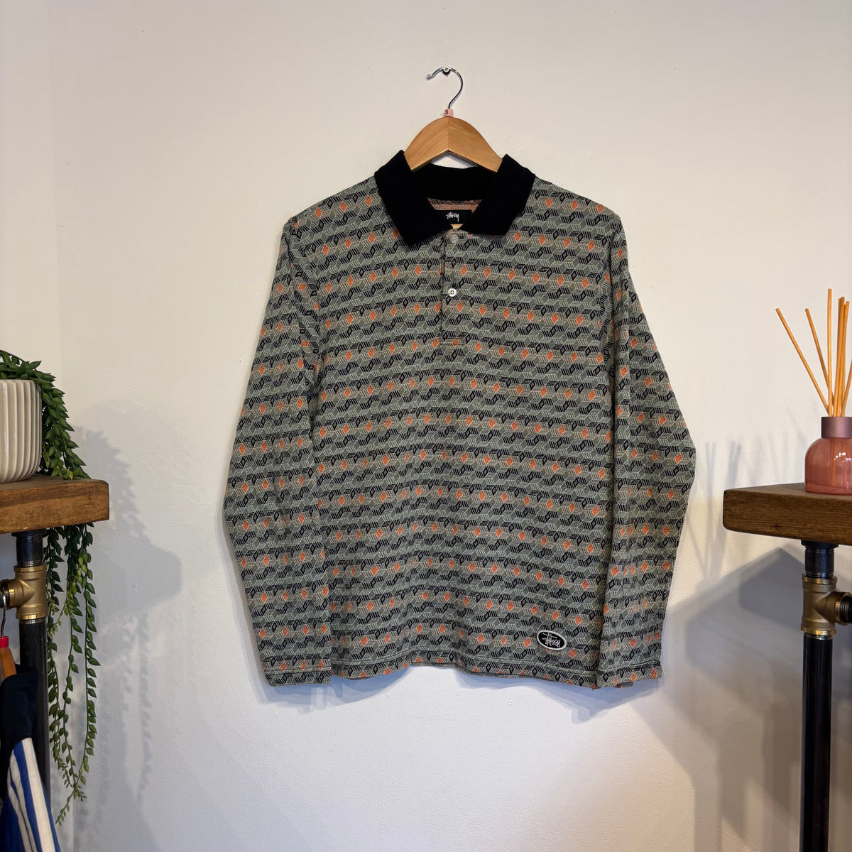 Stussy Diamond Pattern Polo Shirt Olive (Small)