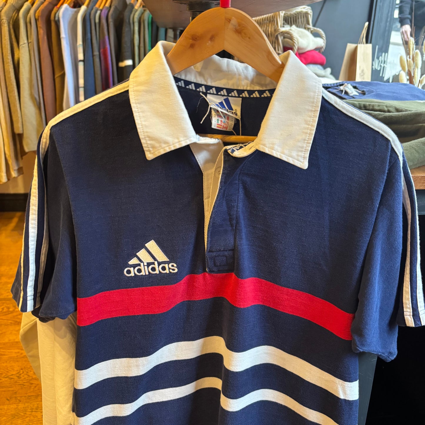 Adidas Striped Rugby Polo Shirt Navy (Large)