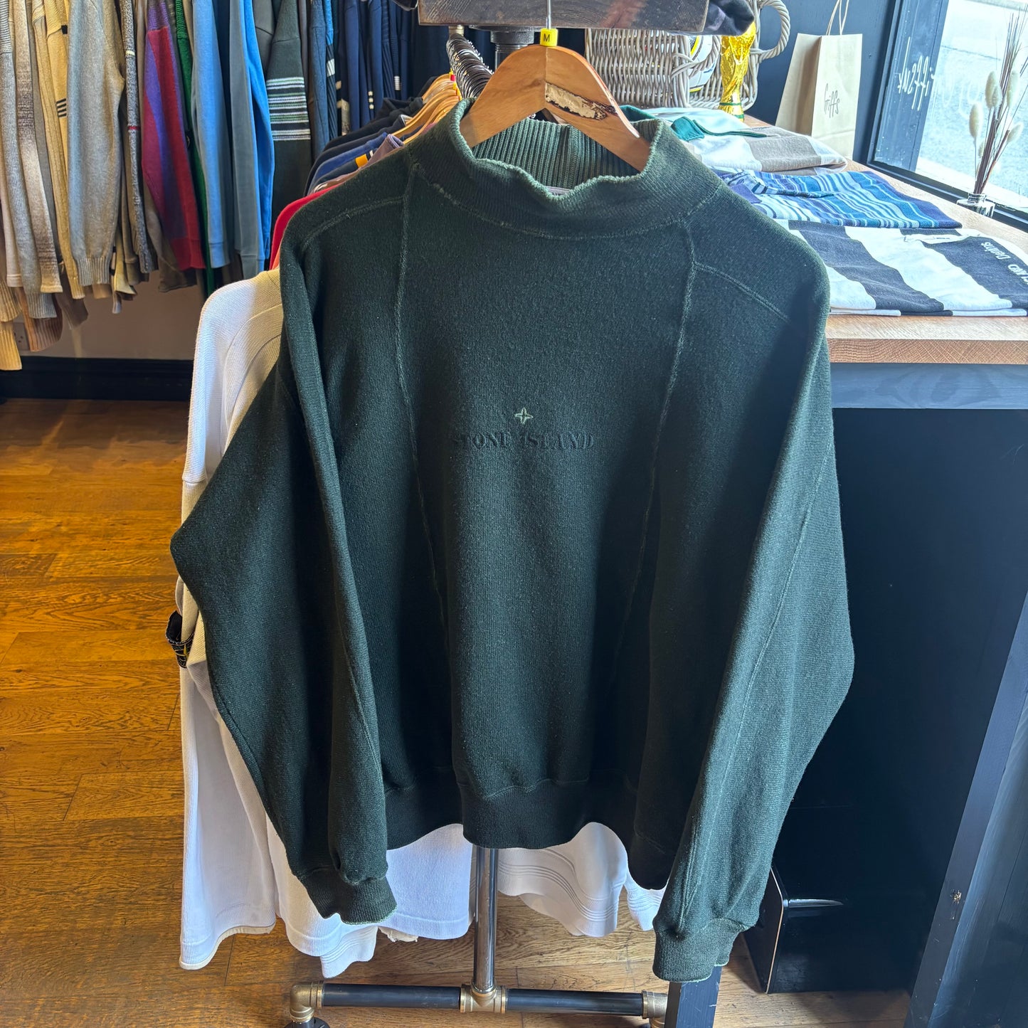Stone Island 1987 Spellout Oversized Mock Neck Jumper Green (Medium)