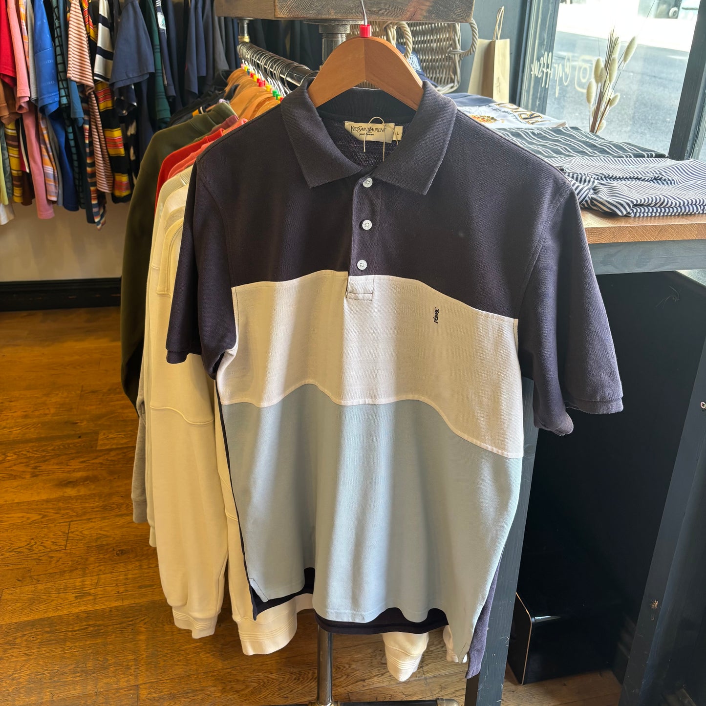 Yves Saint Laurent Colourblock Polo Shirt Navy Blue (Large)