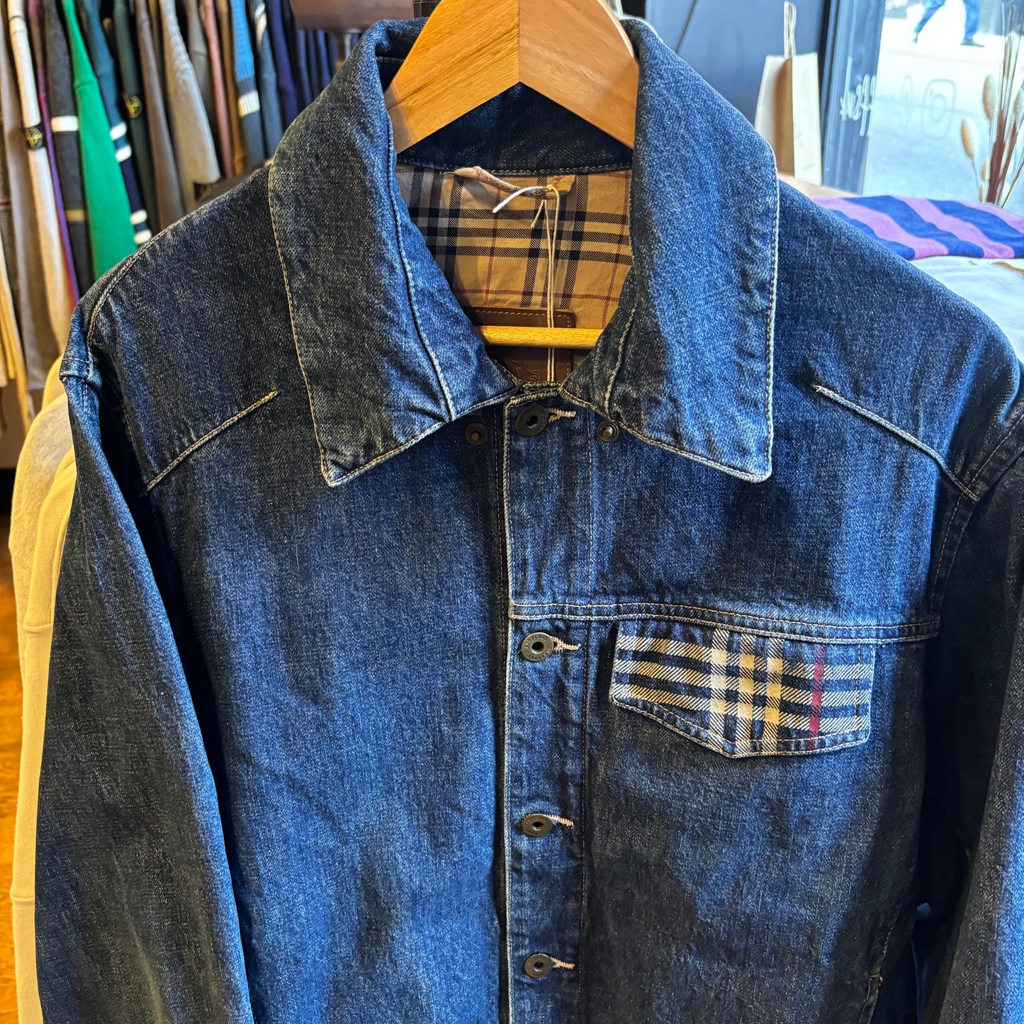 Burberry Nova Check Button Up Denim Jacket Blue (Large)