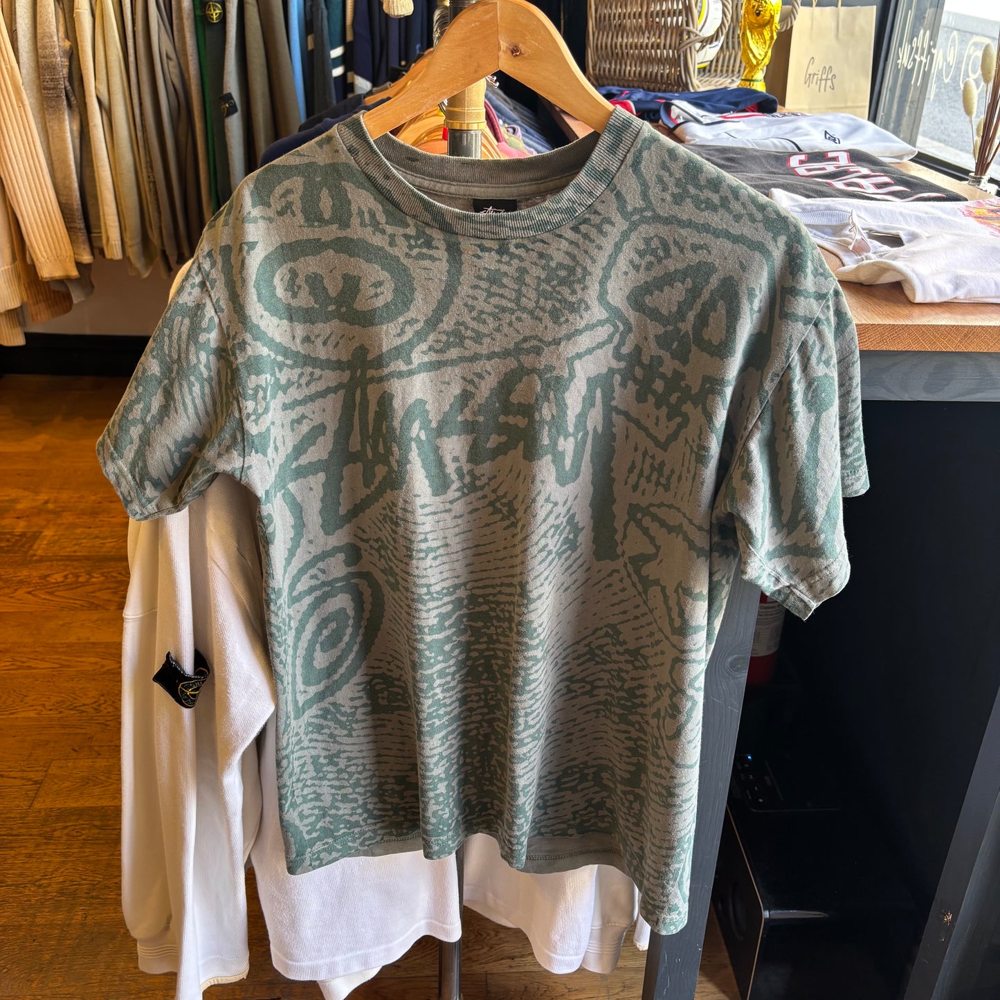Stussy 2000's All Over Print T-Shirt Green (Medium)