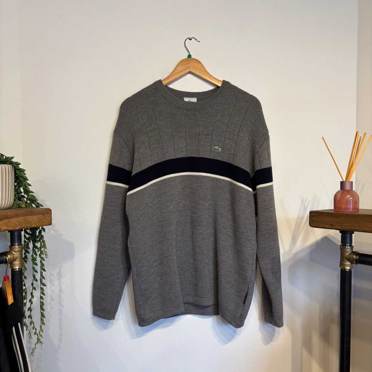 Lacoste Stripe Pullover Knit Jumper Grey (Large)