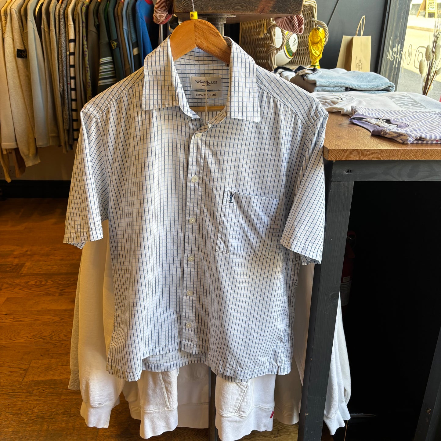 Yves Saint Laurent Button Up Plaid Shirt White (Medium)