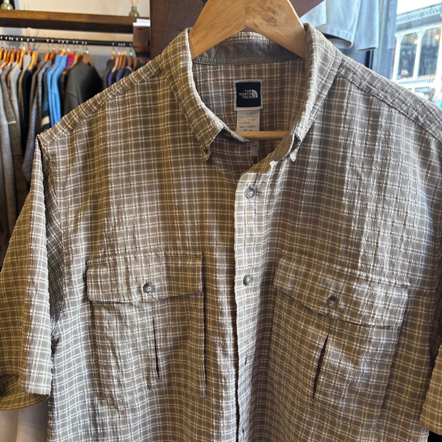 North Face Seersucker Plaid Cropped Button Shirt Brown (Medium)