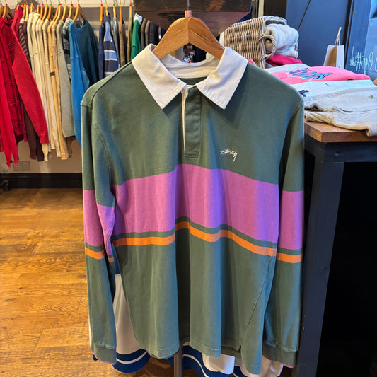 Stussy Justin Rugby Striped Long Sleeve Polo Shirt Green (Small)