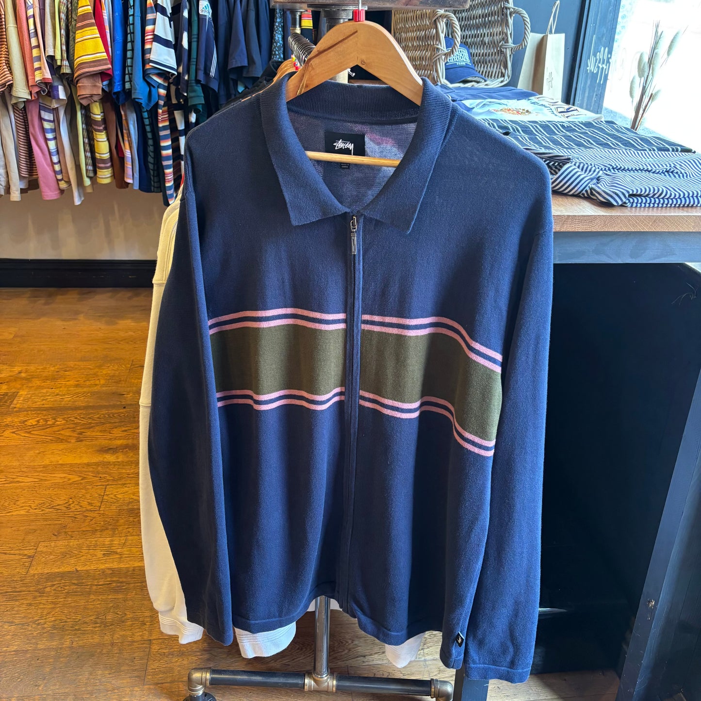 Stussy Cody Stripe Longsleeve Polo Sweater Navy (Large)
