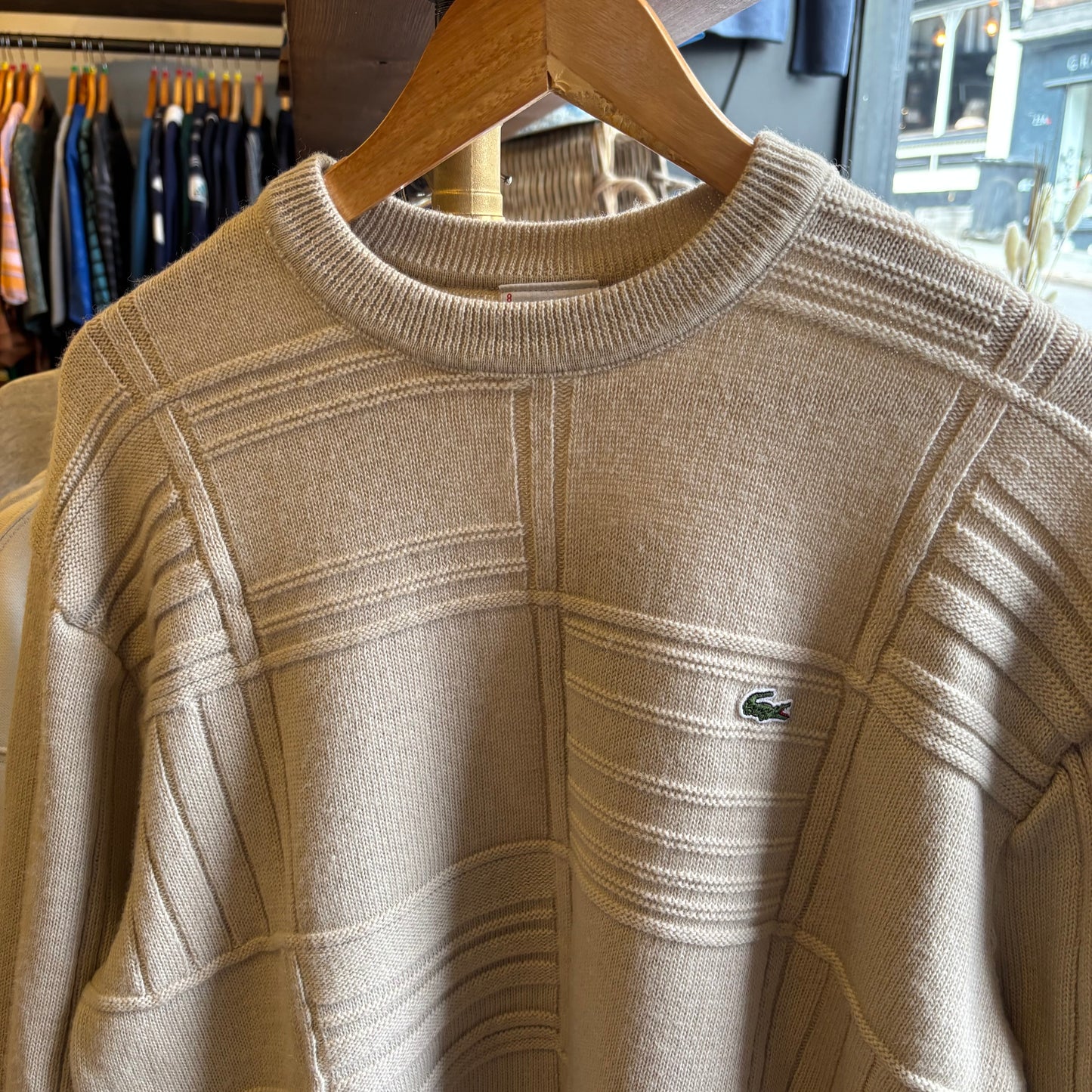 Lacoste Pattern Ribbed Pullover Knit Jumper Beige (Large)