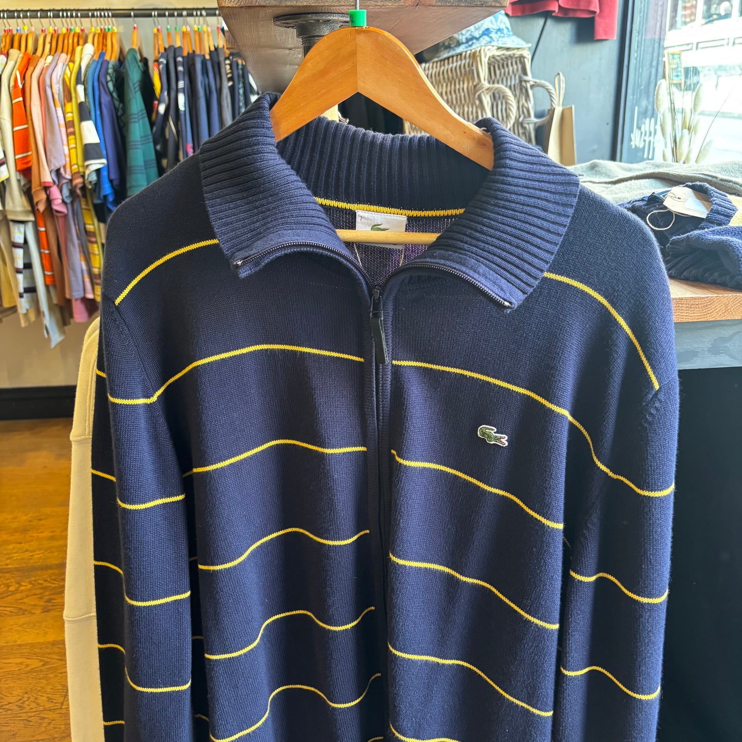 Lacoste Stripe Full Zip Knit Jumper Navy/ Yellow (XL)