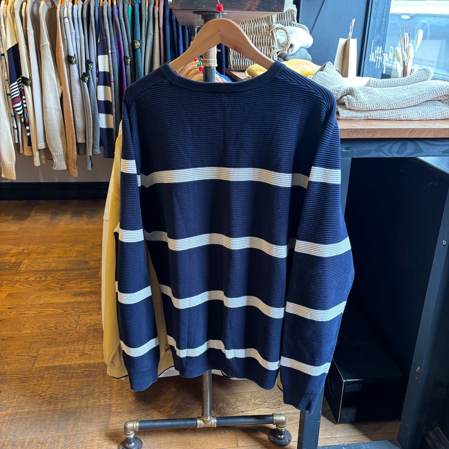 Lacoste Stripe Pullover Knit Jumper Navy/ White (Large)