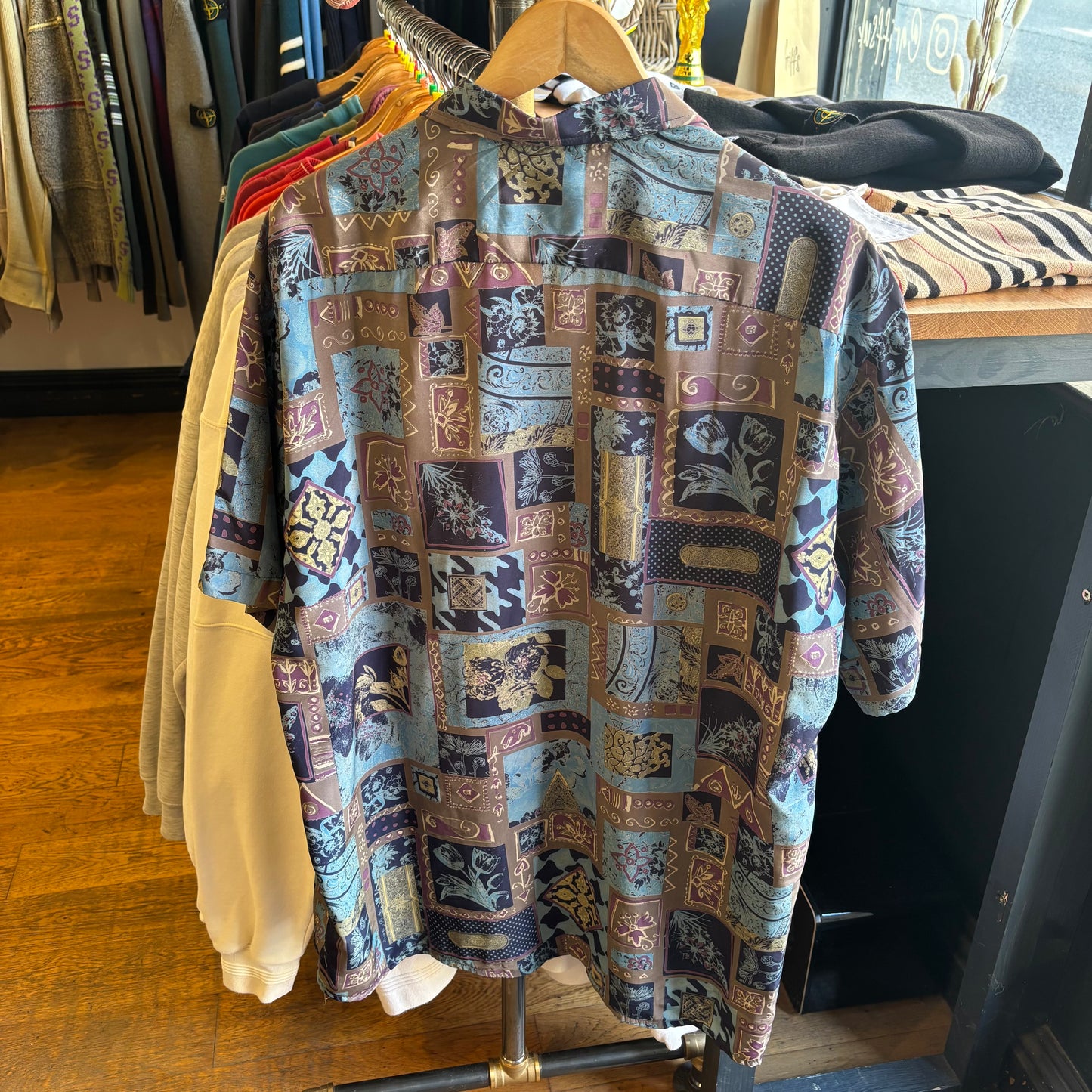 Christian Dior 90s Shortsleeve Funky Silk Shirt Blue (XL)