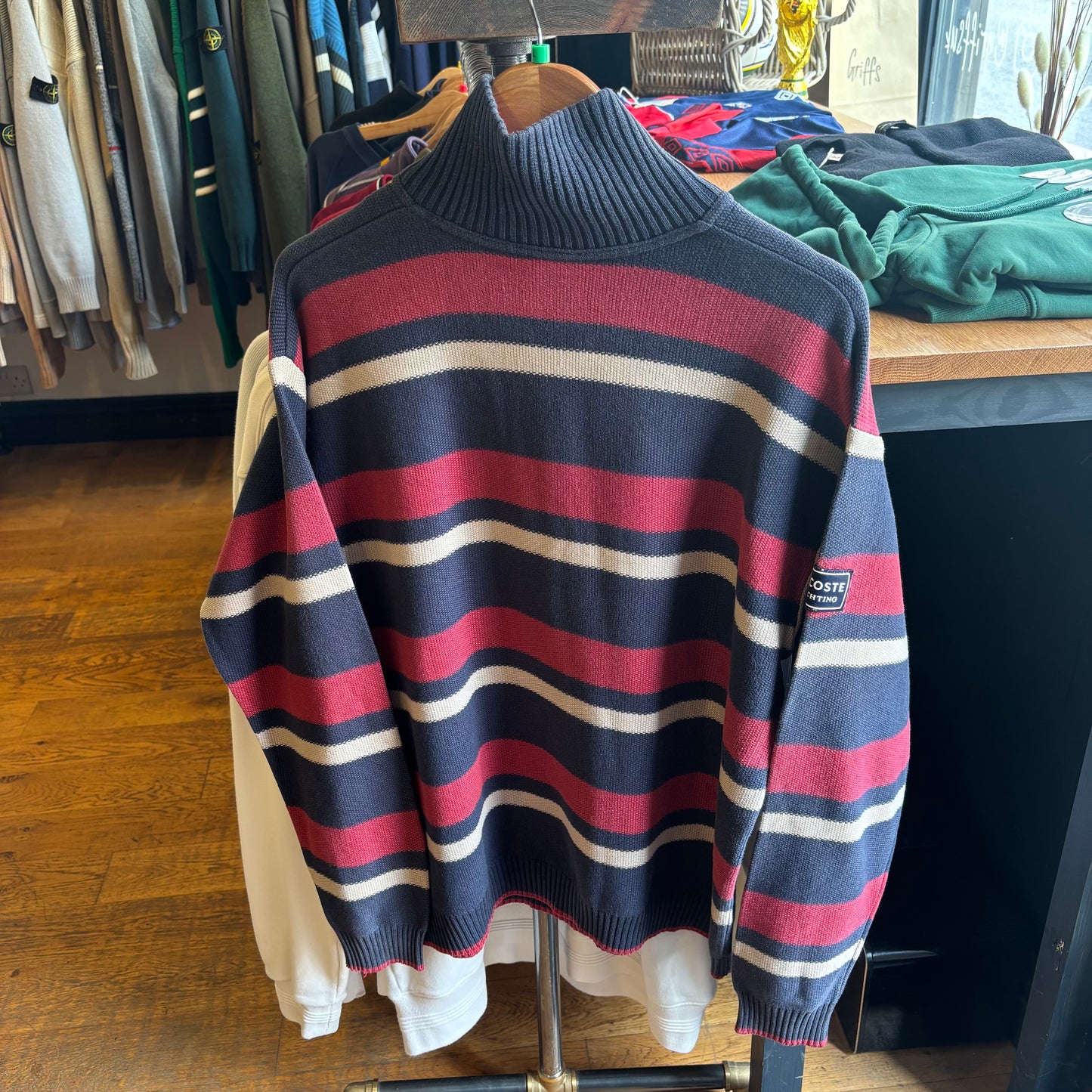 Lacoste Yachting Striped Quarter Zip Knit Jumper Red/ Blue (XL)