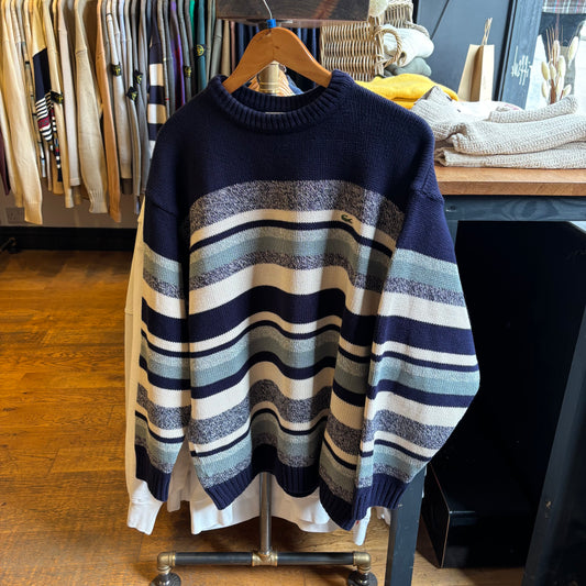 Lacoste Stripe Pullover Chunky Knit Jumper Navy/ Grey (XXL)