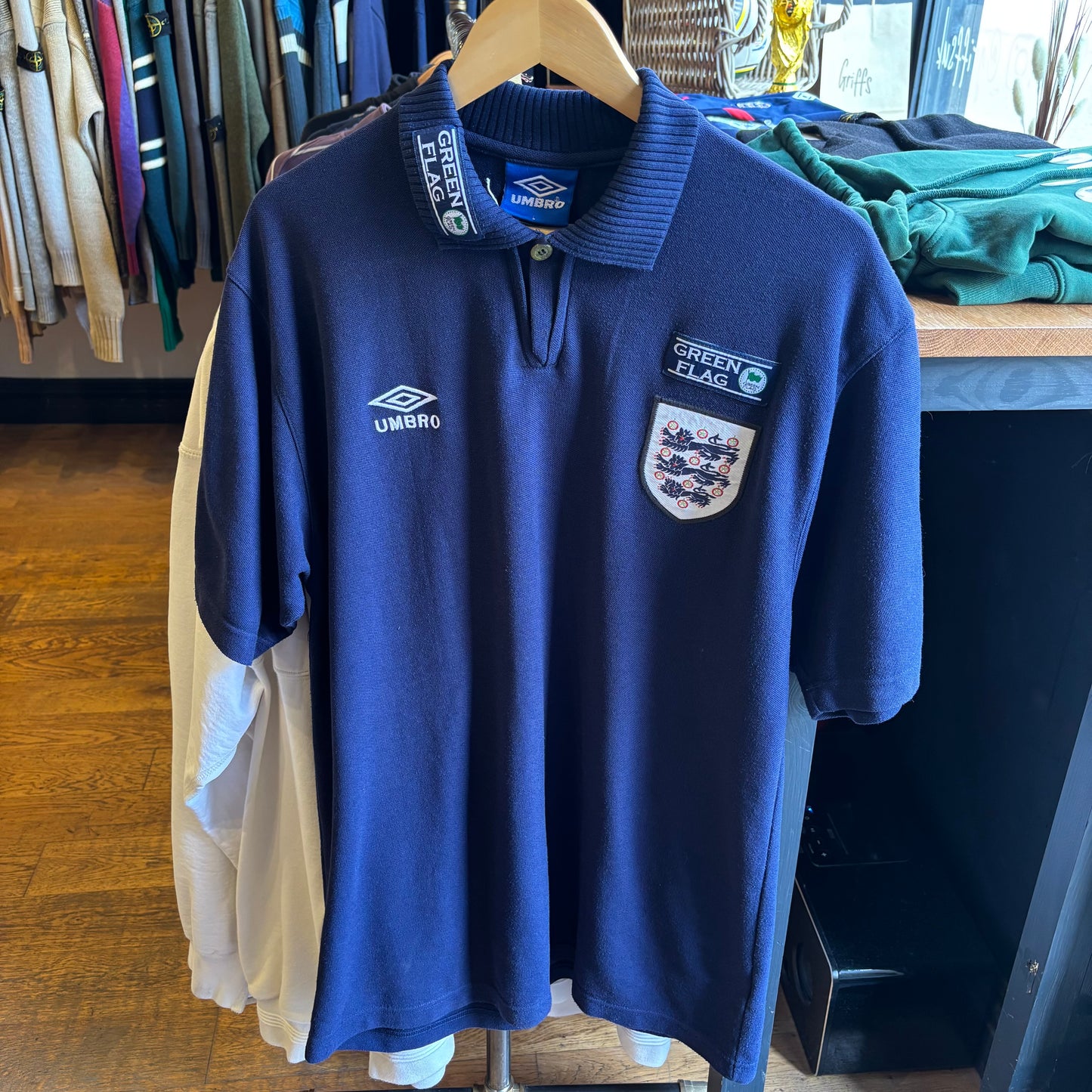England Umbro 1996/98 Green Flag Polo Shirt Navy (Large)