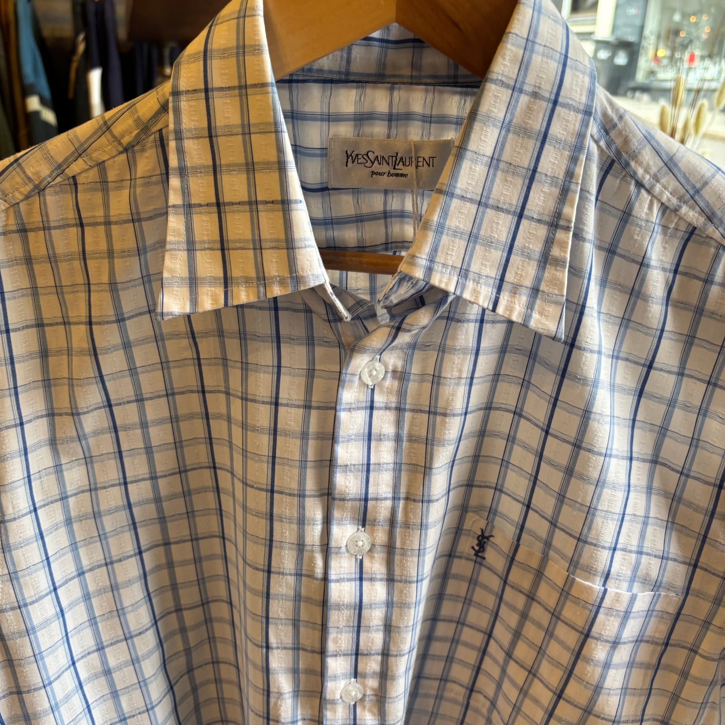Yves Saint Laurent Plaid Button Up Shirt White (Medium)