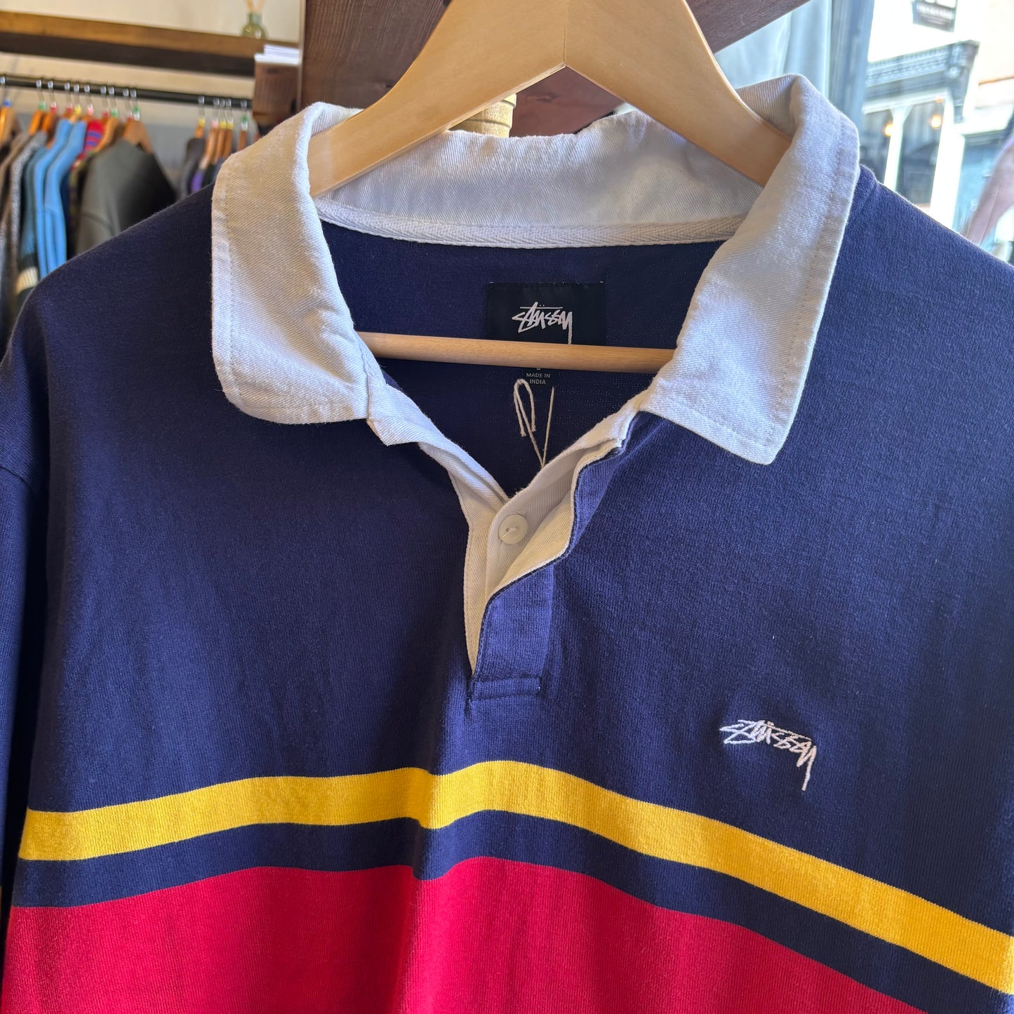 Stussy Lucas Stripe Longsleeve Rugby Polo Shirt Navy (Large)