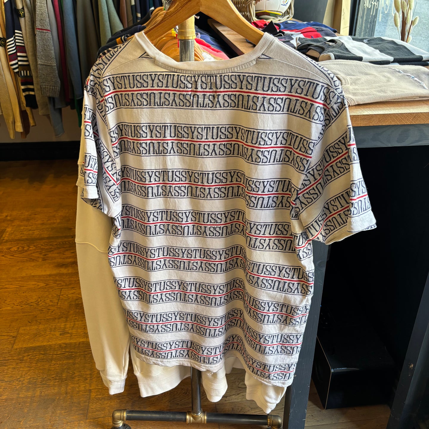 Stussy Stripe Crew Spellout T-Shirt White (Medium)