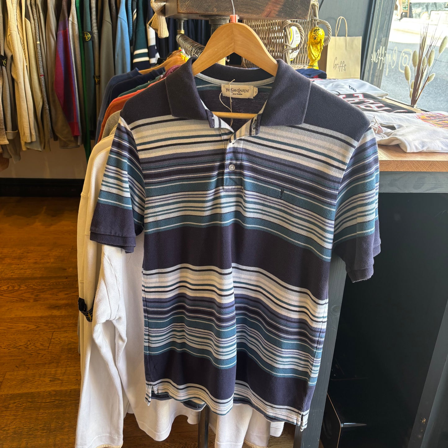 Yves Saint Laurent Stripe Polo Shirt Blue (Small)
