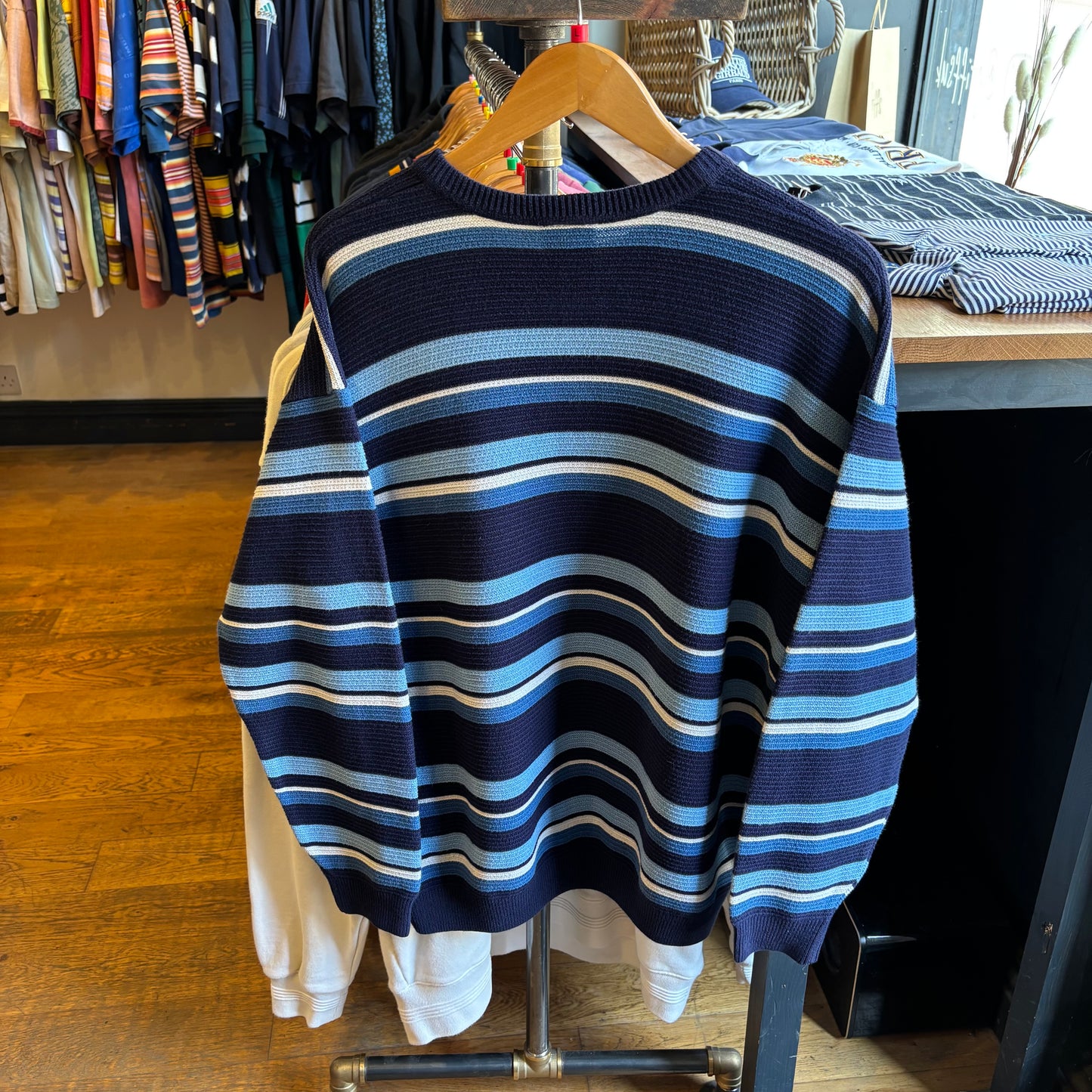 Lacoste Stripe Pullover Knit Jumper Navy Blue (Large)