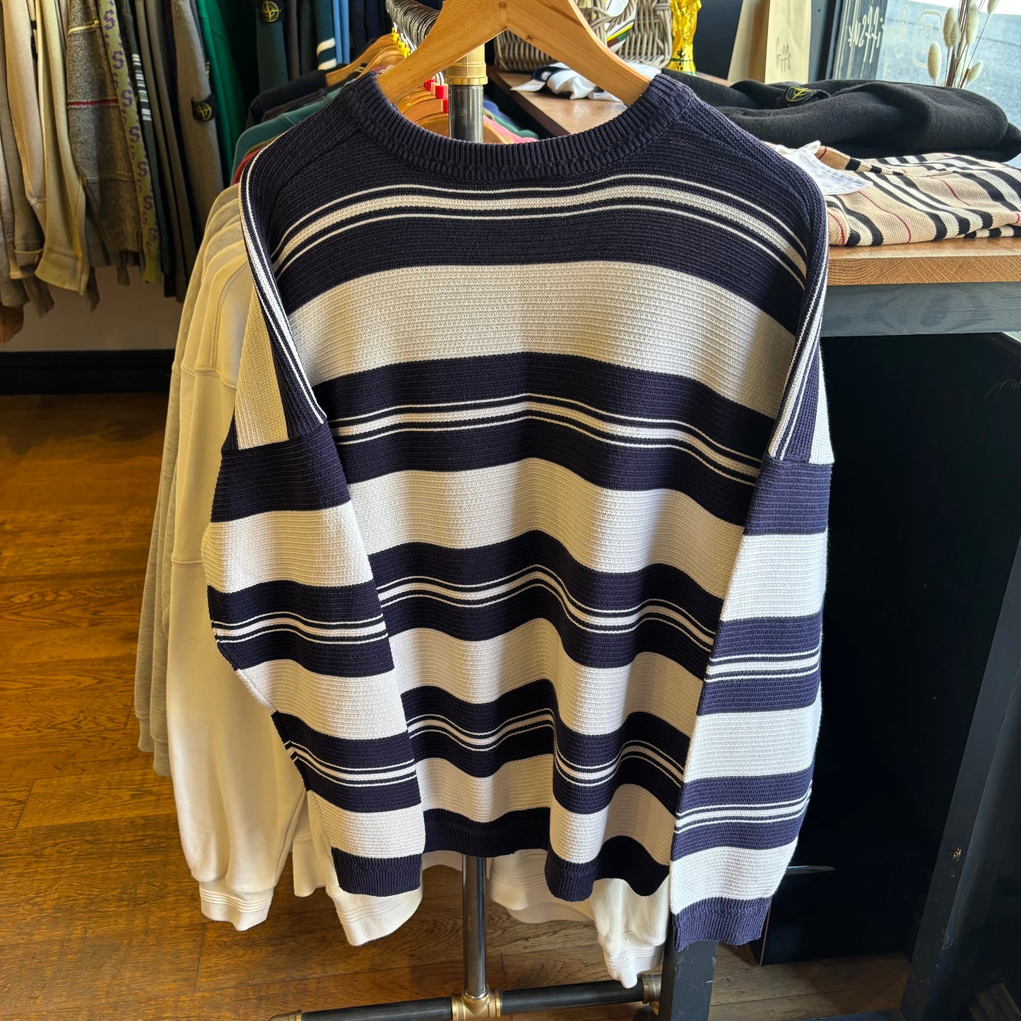 Lacoste Stripe Pullover Knit Jumper White/ Navy (XL)