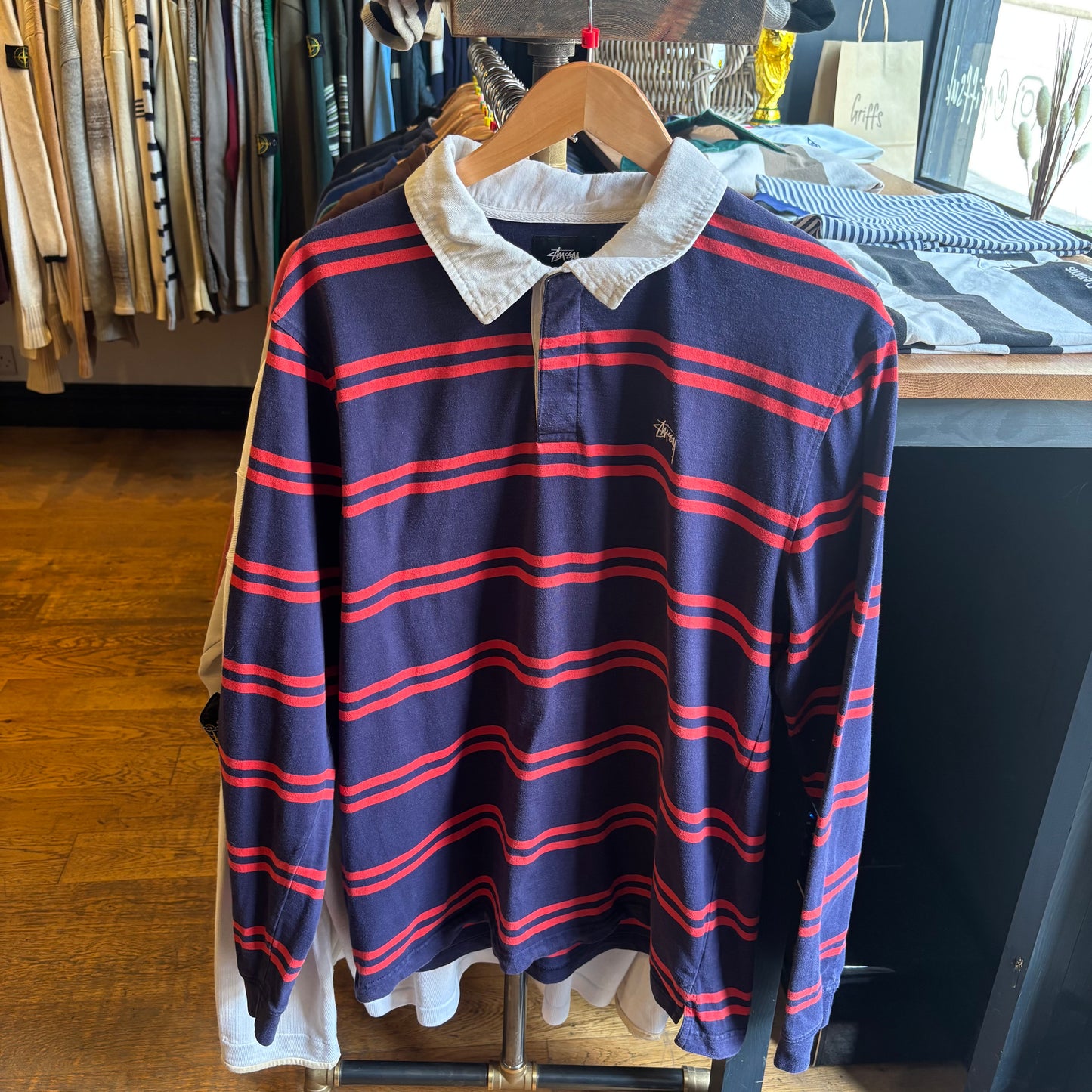 Stussy Desmond Stripe Rugby Polo Shirt Navy (Large)