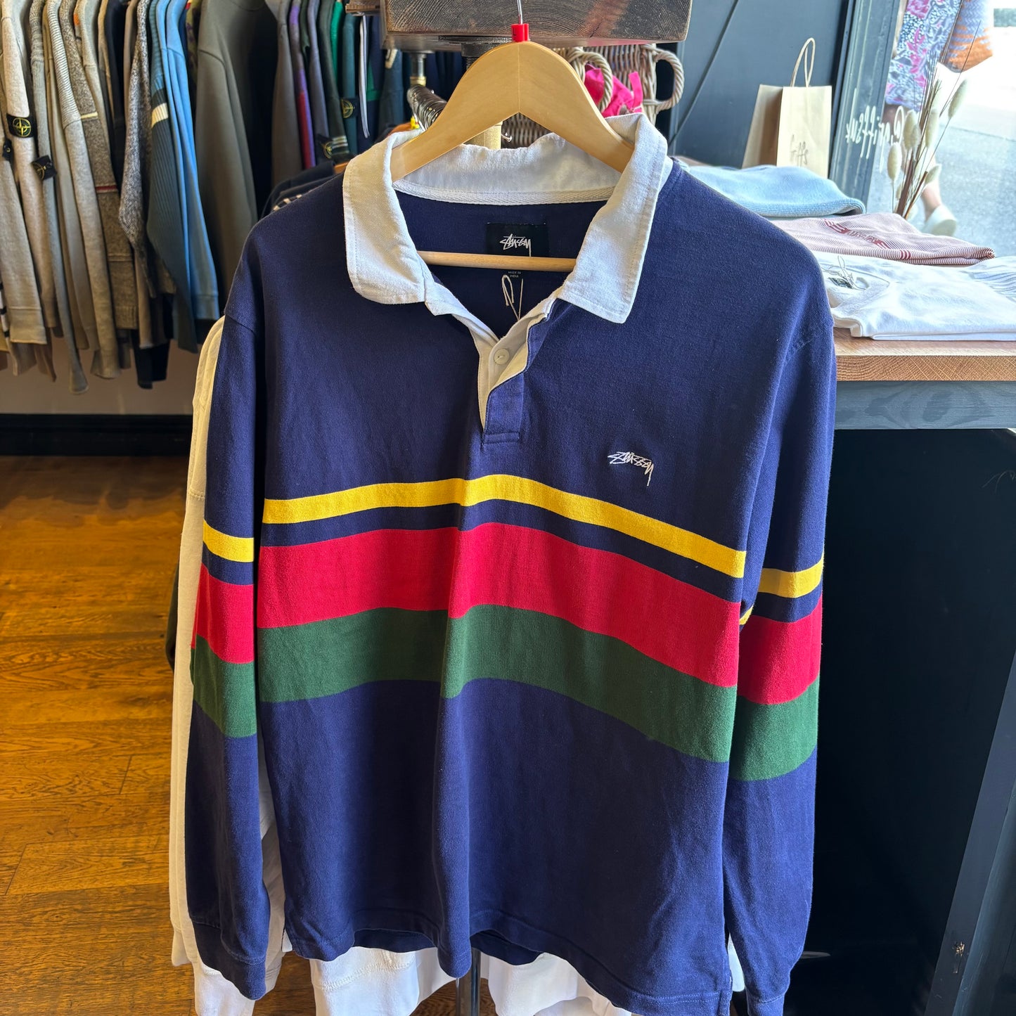Stussy Lucas Stripe Longsleeve Rugby Polo Shirt Navy (Large)