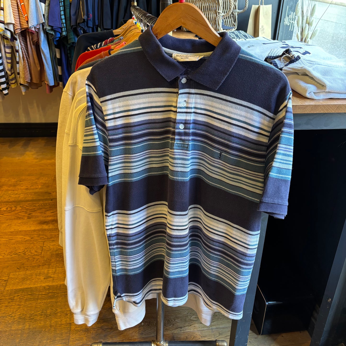 Yves Saint Laurent Mini Stripe Polo Shirt Blue (Large)