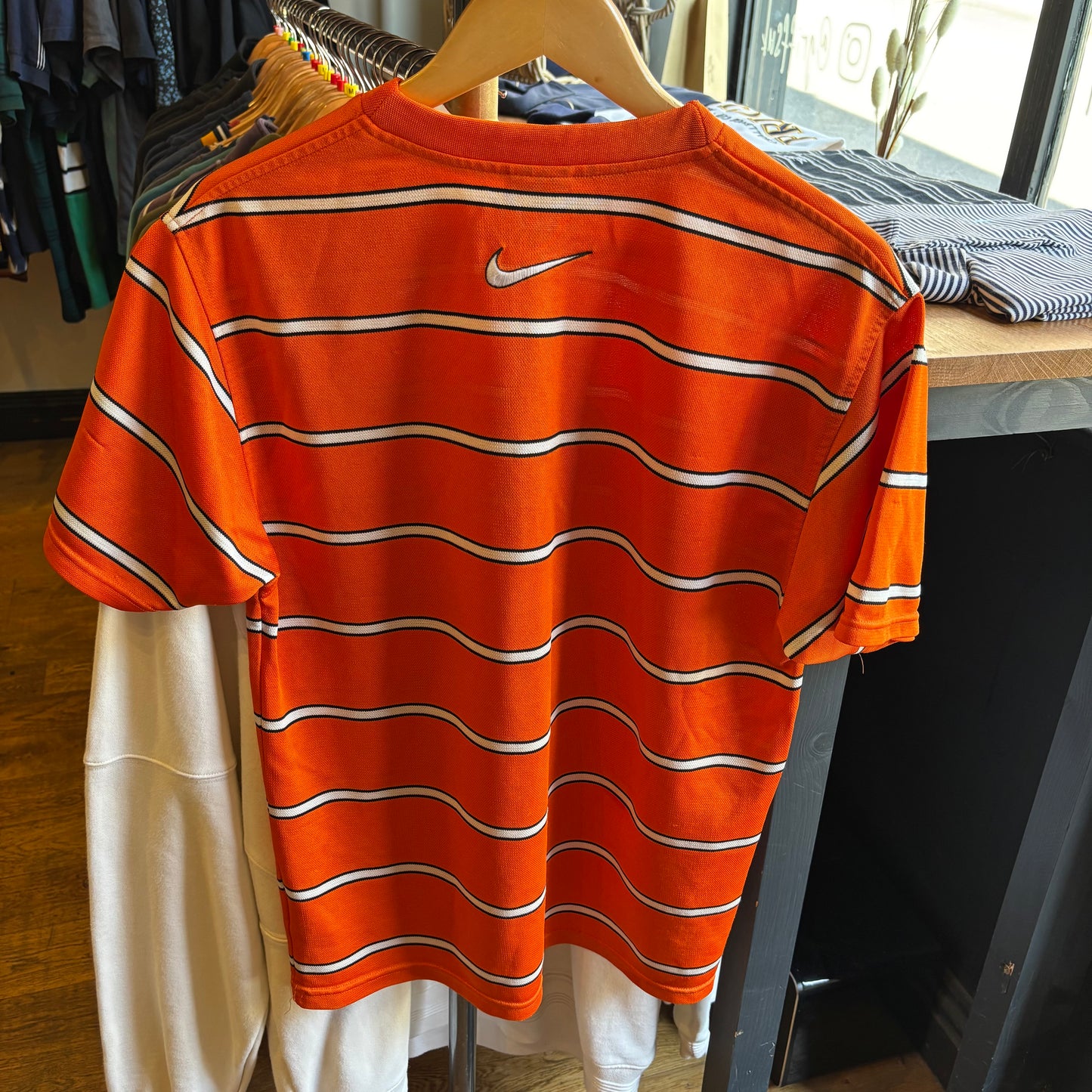 Nike 90s Centre Swoosh Striped T-Shirt Orange (Small)