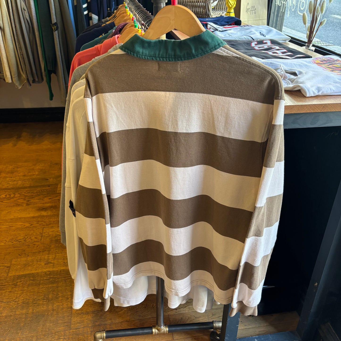 Stussy Big Stripe Longsleeve Rugby Polo Shirt Natural (Large)