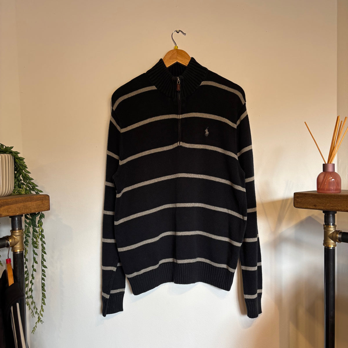 Ralph Lauren Quarter Zip Stripe Jumper Navy/ Grey (Medium)