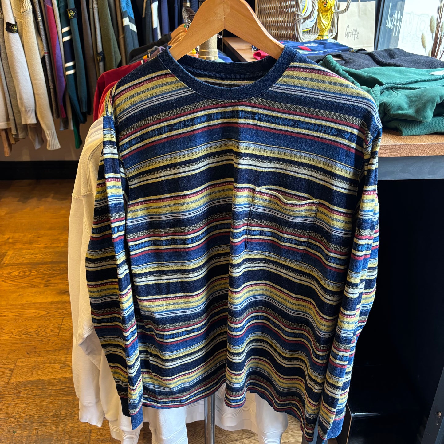 Beams Plus Pocket Jacquard Stripe Longleeve Blue (Large)