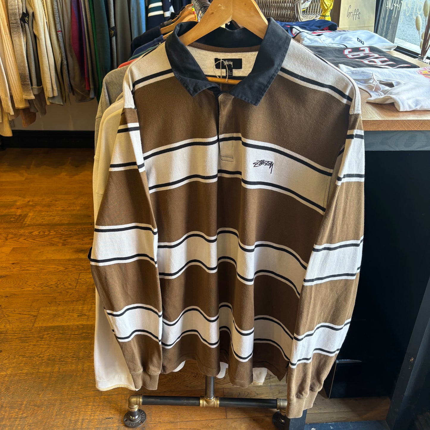 Stussy Longsleeve Rugby Polo Shirt Brown/ Black (Large)