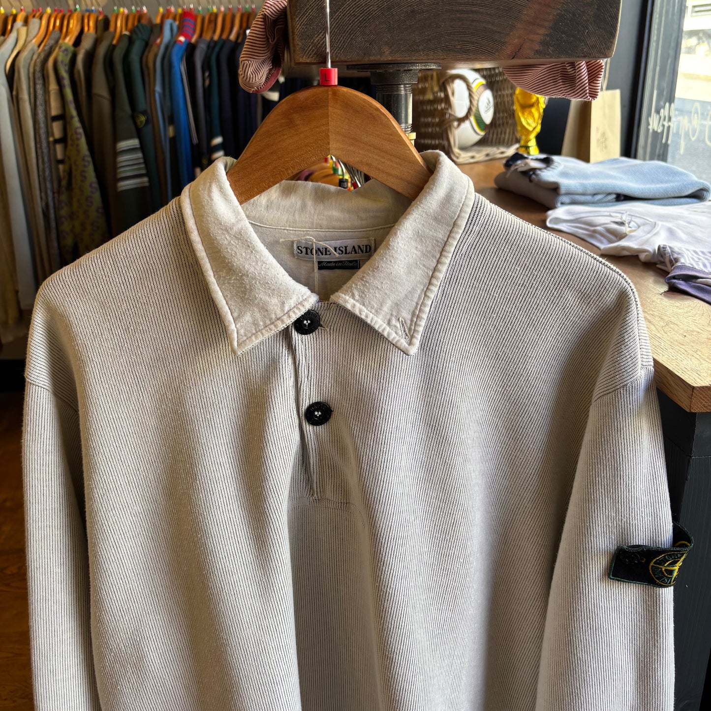 Stone Island S/S 1998 Green Edge Quarter Button Jumper Cream (Large)