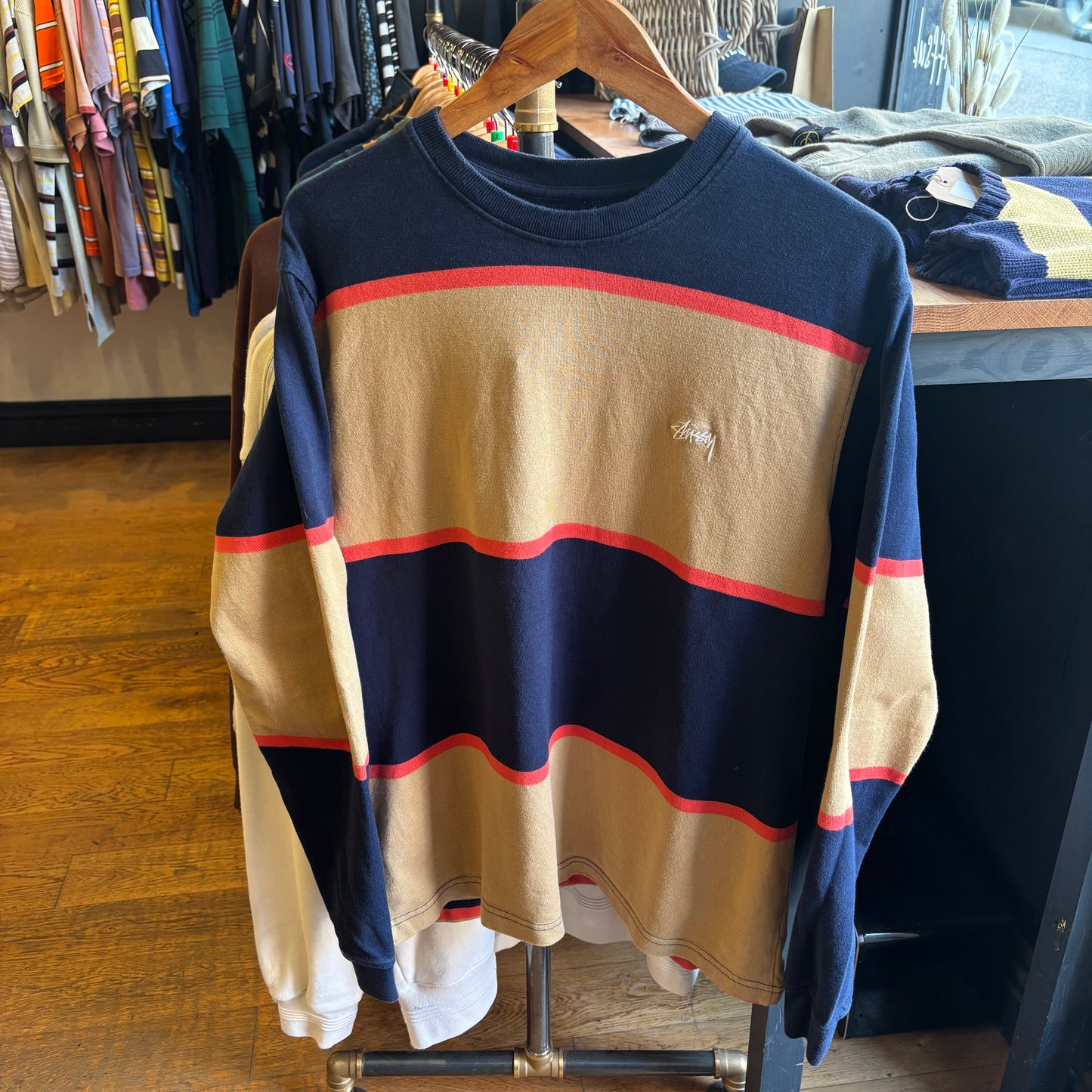 Stussy Multi Stripe Longsleeve T-Shirt Navy/ Beige (Medium)