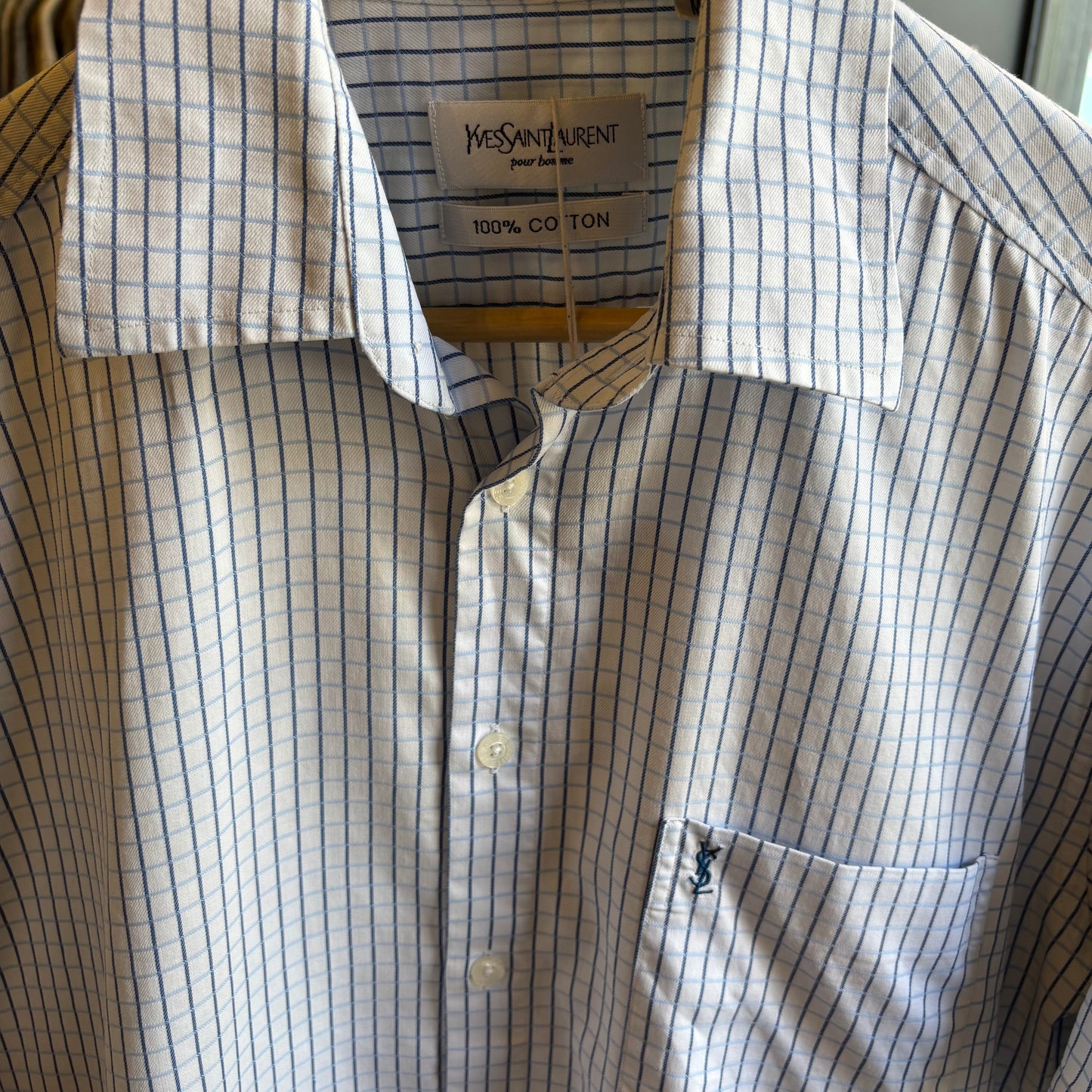 Yves Saint Laurent Button Up Plaid Shirt White (Medium)