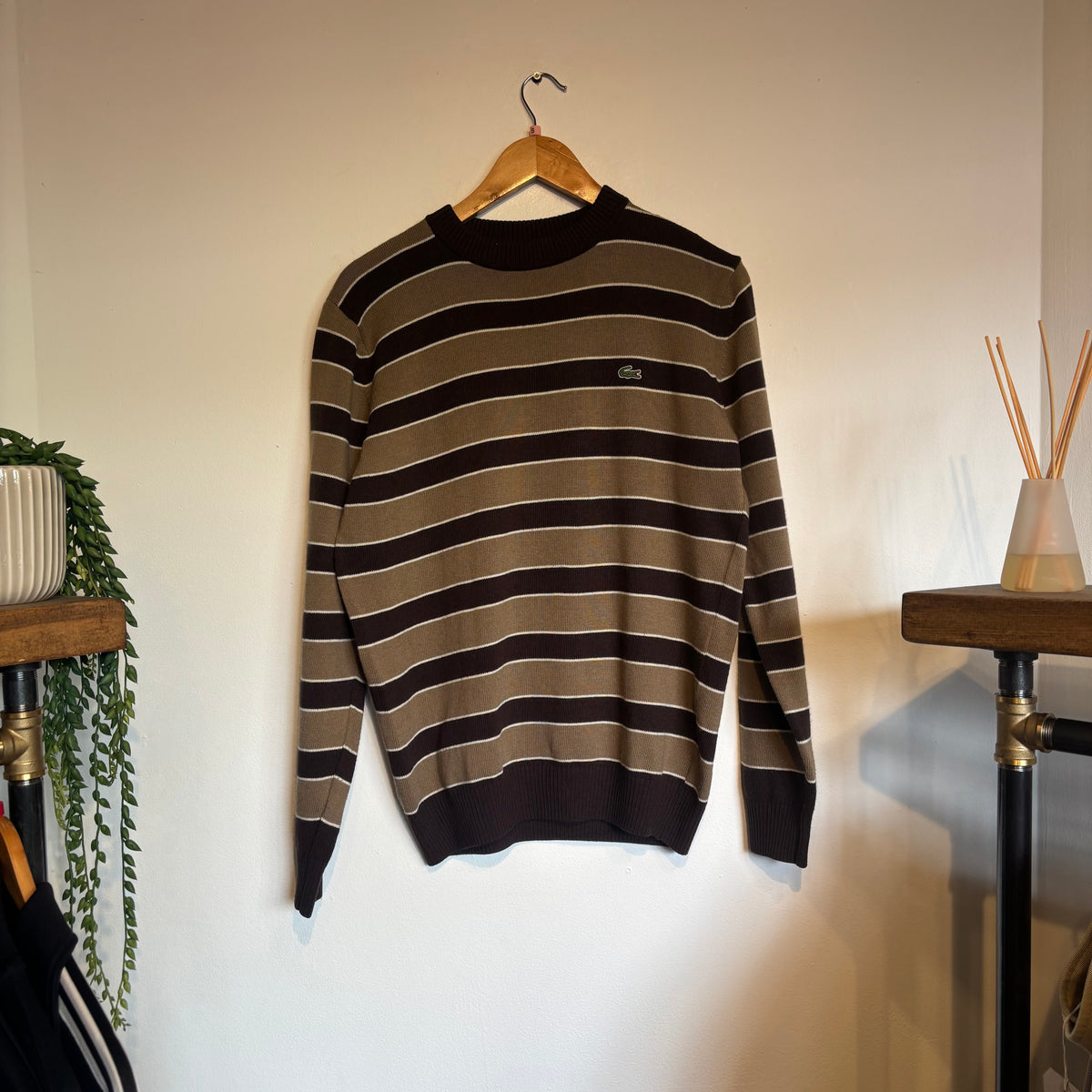 Lacoste Stripe Pullover Knit Jumper Brown/ Beige (Small)