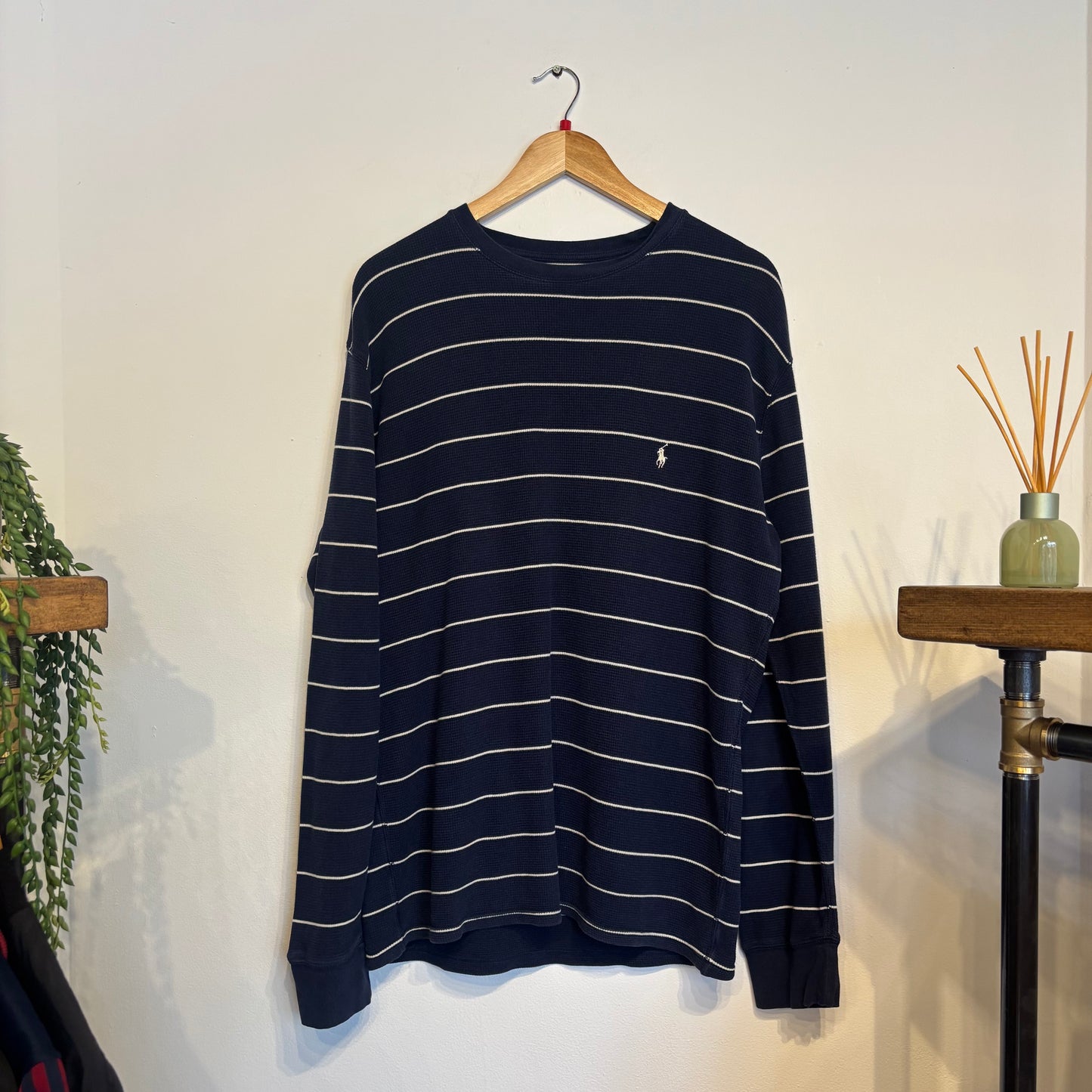 Ralph Lauren Stripe Longsleeve Waffle Knit Top Navy (Large)