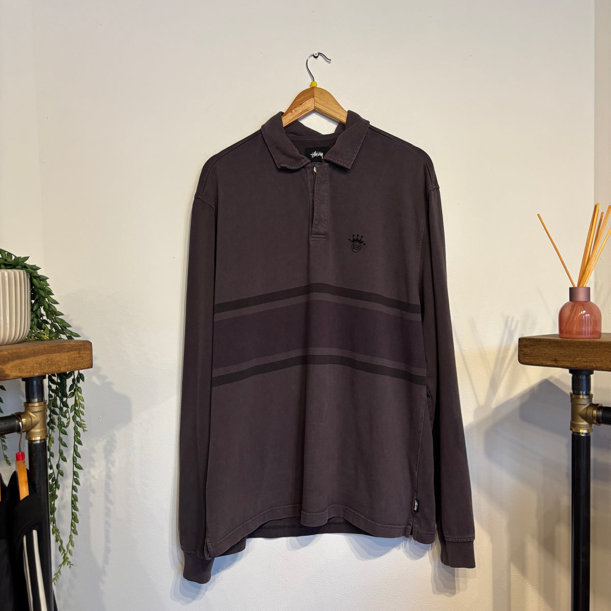 Stussy Bold Stripe Rugby Polo Shirt Grey (Medium)