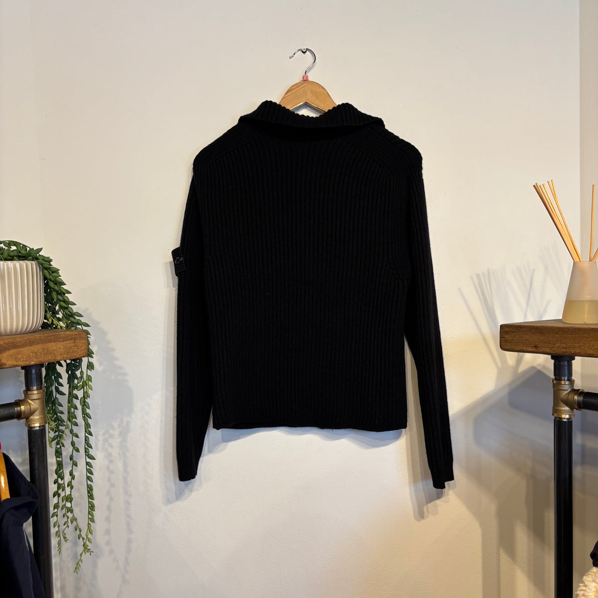 Stone Island A/W 2001 Full Zip Ribbed Knit Jumper Black (Small)