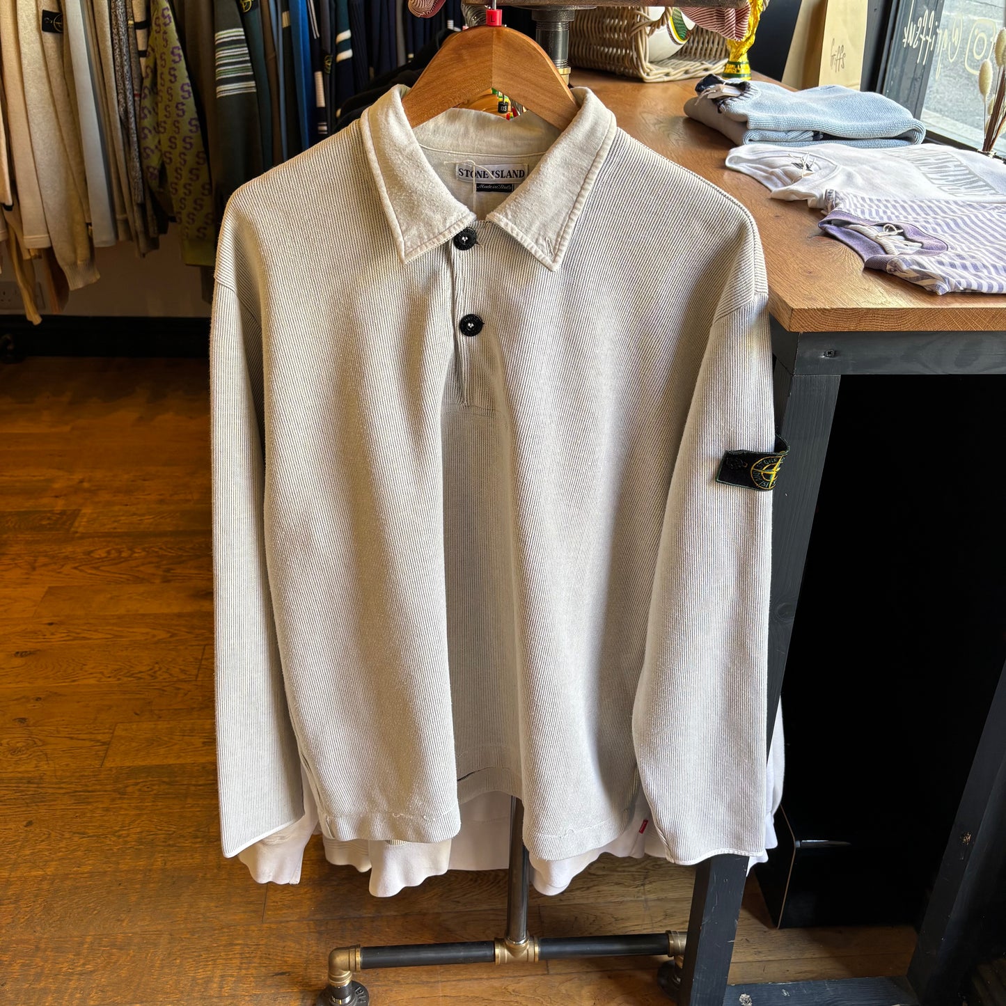 Stone Island S/S 1998 Green Edge Quarter Button Jumper Cream (Large)
